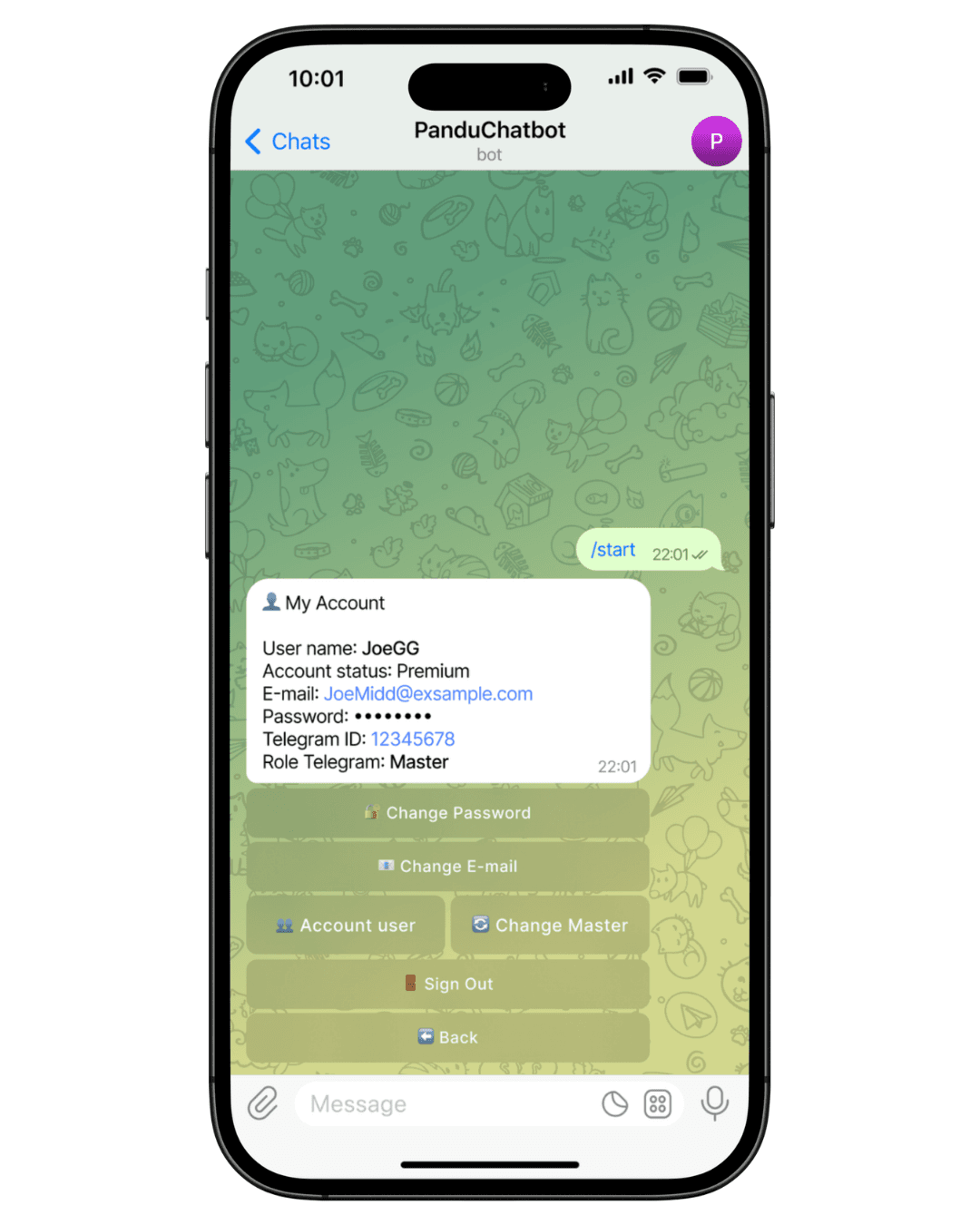 Telegram bot account management interface for access and user data