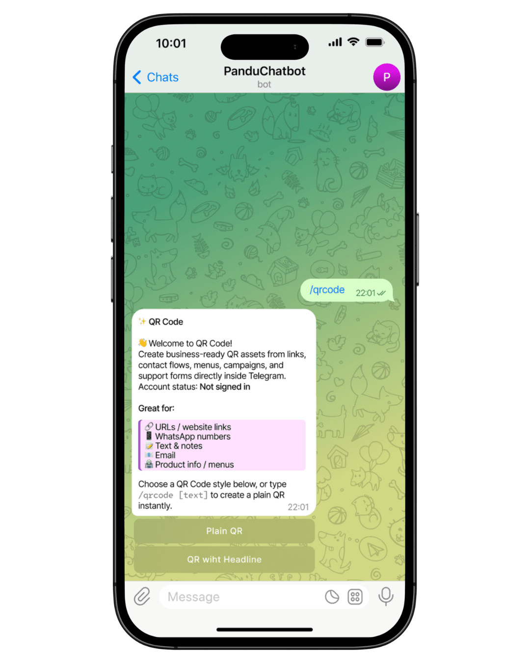 QR Code Generator workflow for business links, menus, and campaigns in Telegram