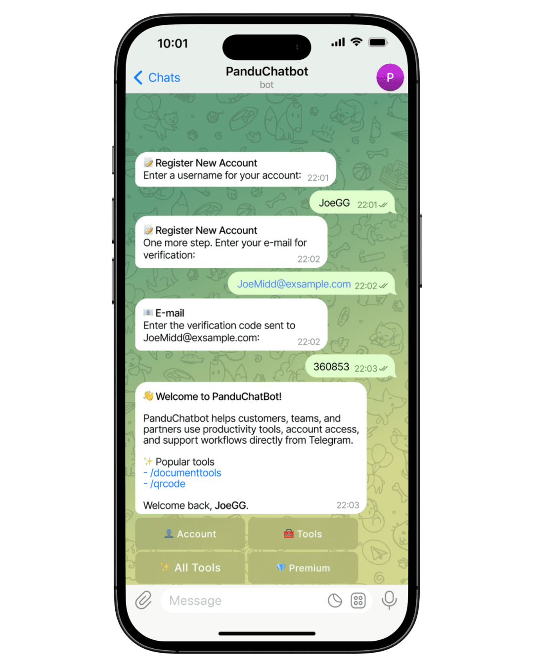Telegram bot registration flow for client account access