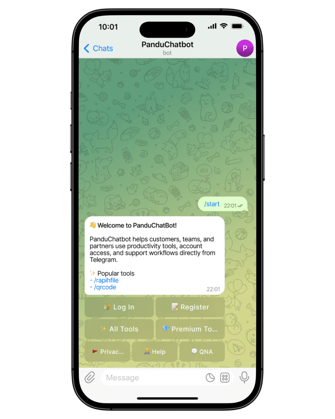 Telegram bot start menu for PanduChatbot automation system